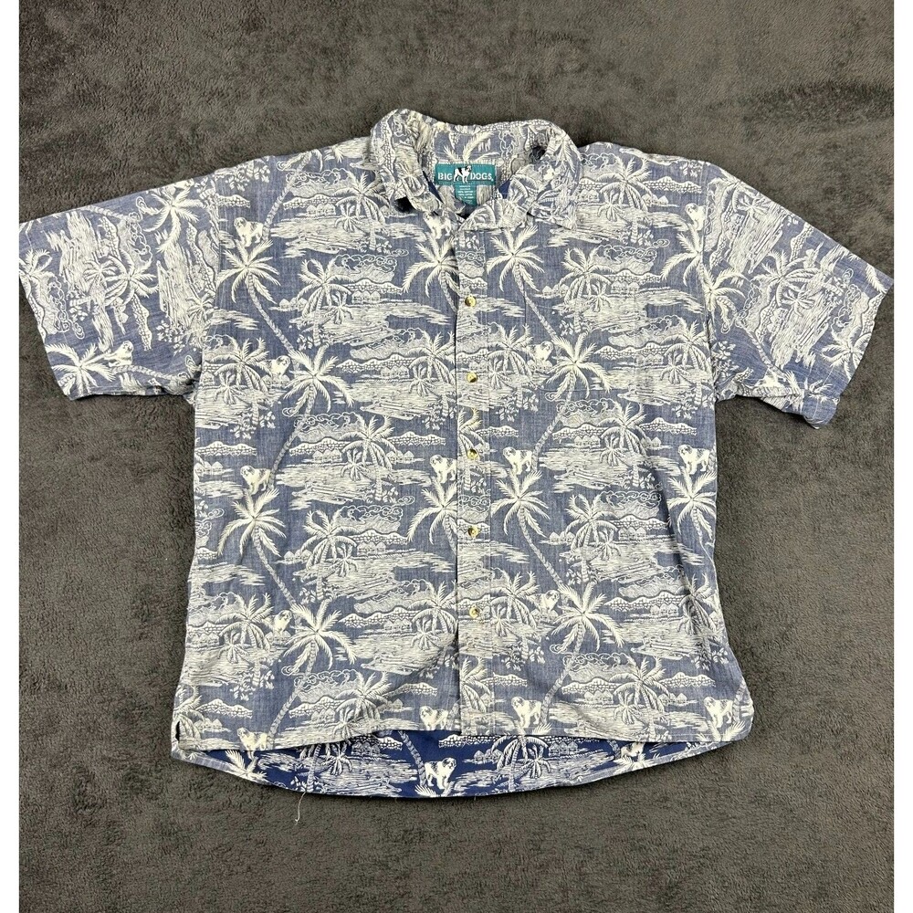 Big Dogs Hawaiian Shirt Men’s XL Blue Reverse Print Aloha Tribal Button Down VTG
